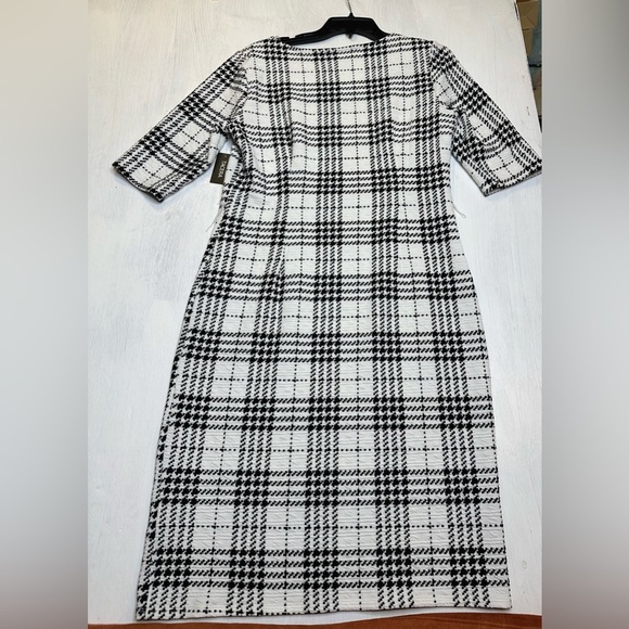 TACERA Black White Plaid Textured Midi Dress L Stretch 3/4 Sleeve Knit NWT - Picture 3 of 10